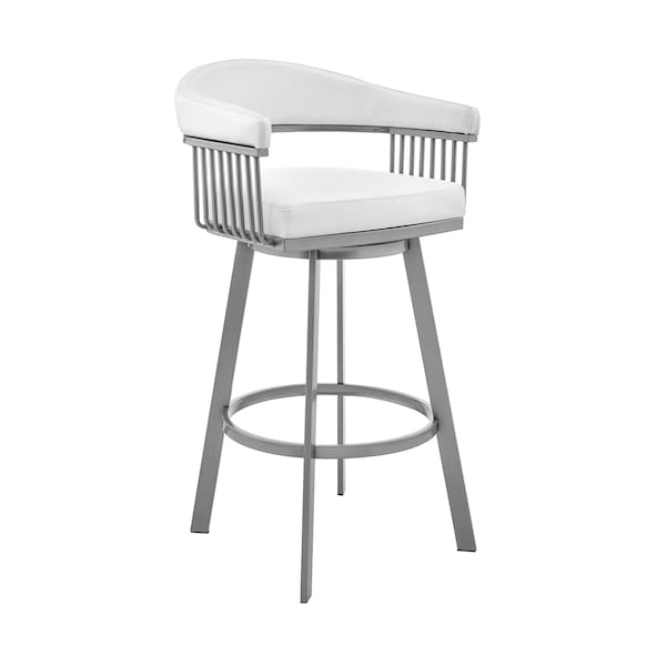 Armen Living Bronson 25" Counter Height Swivel Bar Stool in Silver Finish and White Faux Leather 721535761906 - main